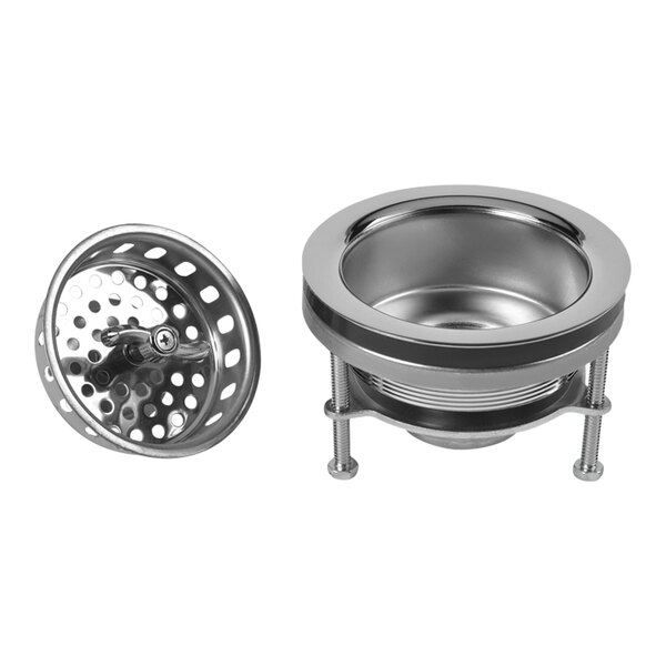A close-up of a stainless steel Dearborn sink strainer with a hole in the bottom.