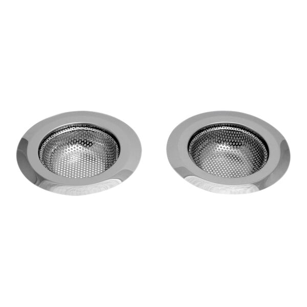 A close-up of a Dearborn stainless steel sink strainer with silver sink drains in the background.