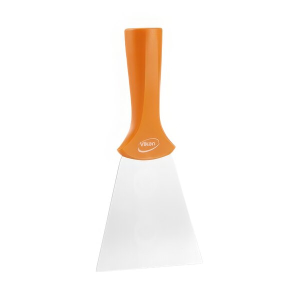 A stainless steel scraper with an orange handle.