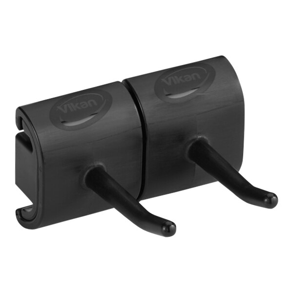 A black plastic Vikan double hook wall bracket.