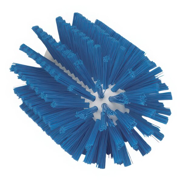 A close-up of a blue Vikan tube brush head with bristles.