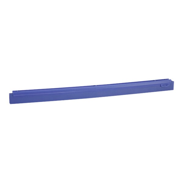 A blue rectangular Vikan container with a purple rectangular object inside.