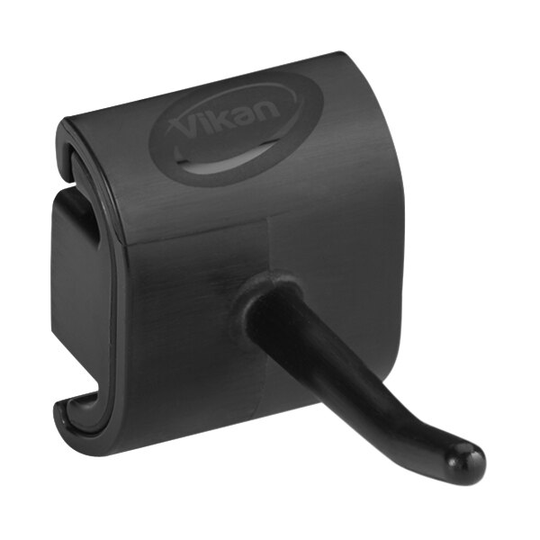 A black plastic Vikan single hook wall bracket.