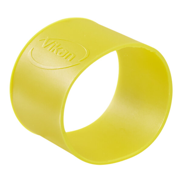A close-up of a yellow Vikan rubber band.