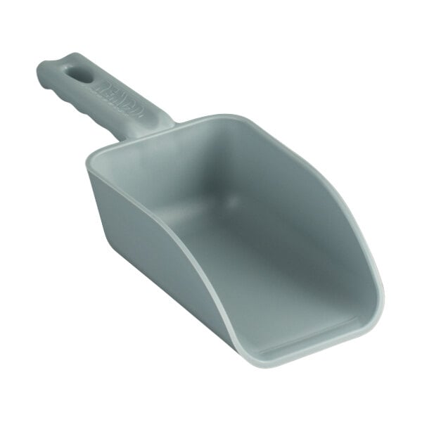 A grey plastic Remco hand scoop with a handle.