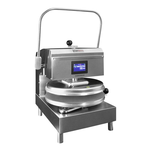 A DoughXpress stainless steel pizza dough press with a digital display.