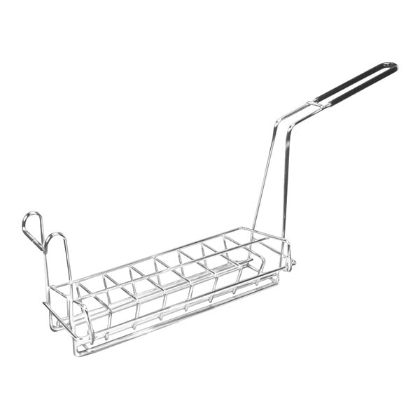 A metal Franke fryer basket with a handle.