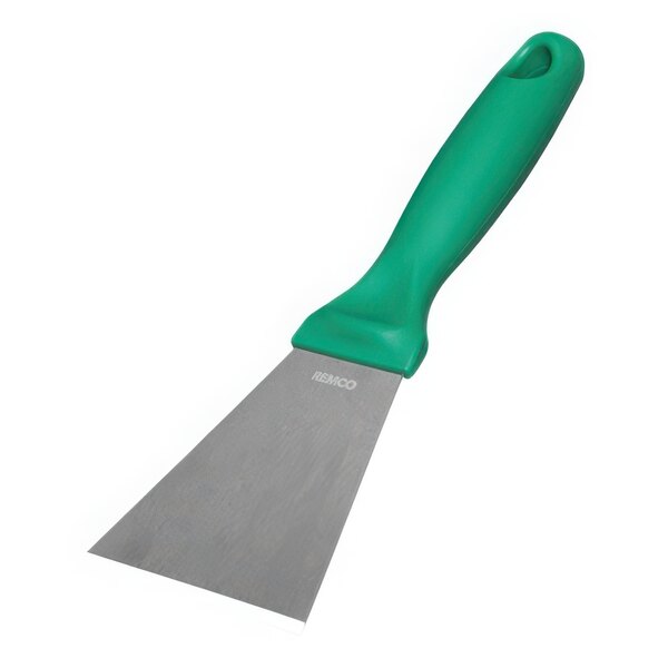 A Vikan green plastic spatula with a stainless steel blade.