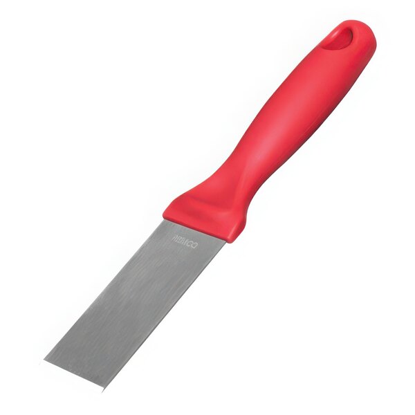 A close-up of a Vikan stainless steel scraper with a red handle.