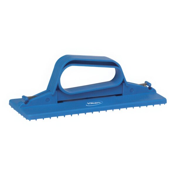 A blue plastic Vikan Handheld Scrub Pad Holder with a handle.