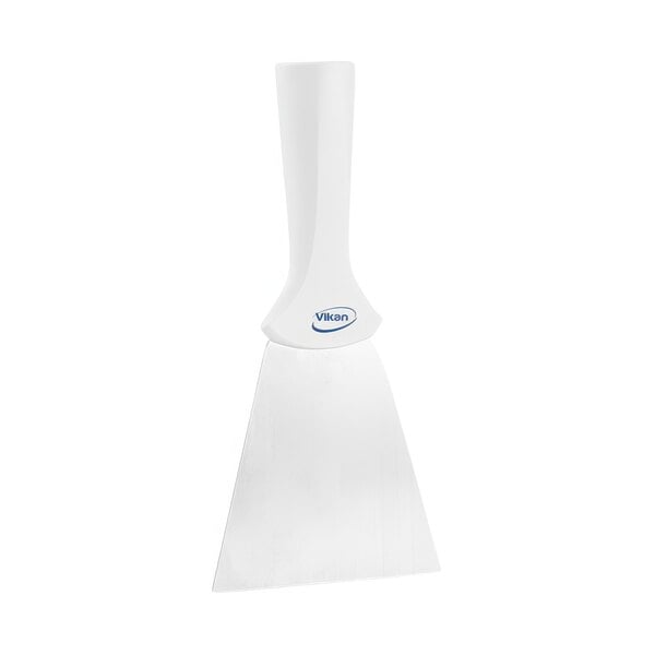 A Vikan white handle-mounted stainless steel scraper.