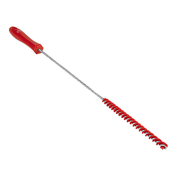 A red Vikan tube brush with a handle.