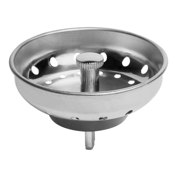 A stainless steel sink basket strainer with holes in it.