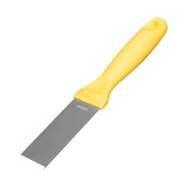 A yellow and silver Vikan stainless steel scraper with a yellow handle.