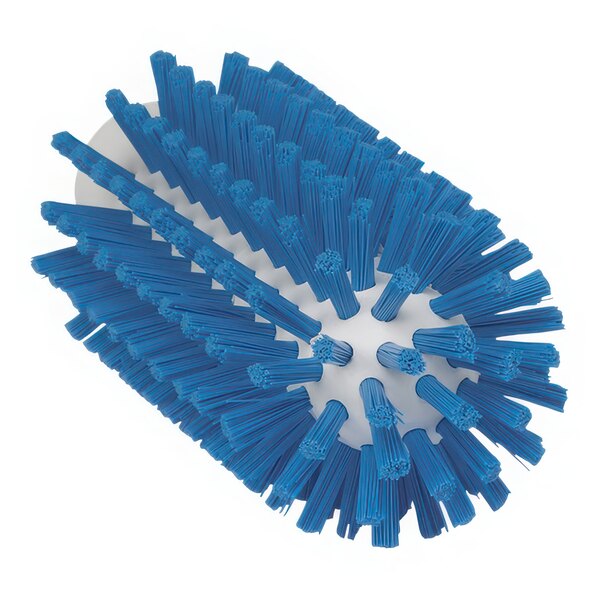 A close-up of a blue Vikan tube brush head with stiff bristles.