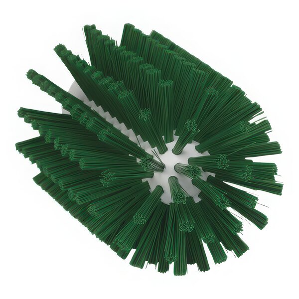 A close-up of a green Vikan tube brush with green bristles.