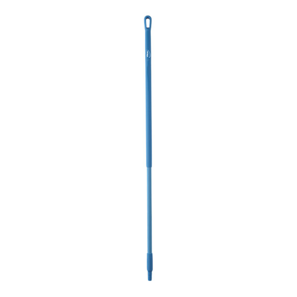 A blue threaded fiberglass broom handle.