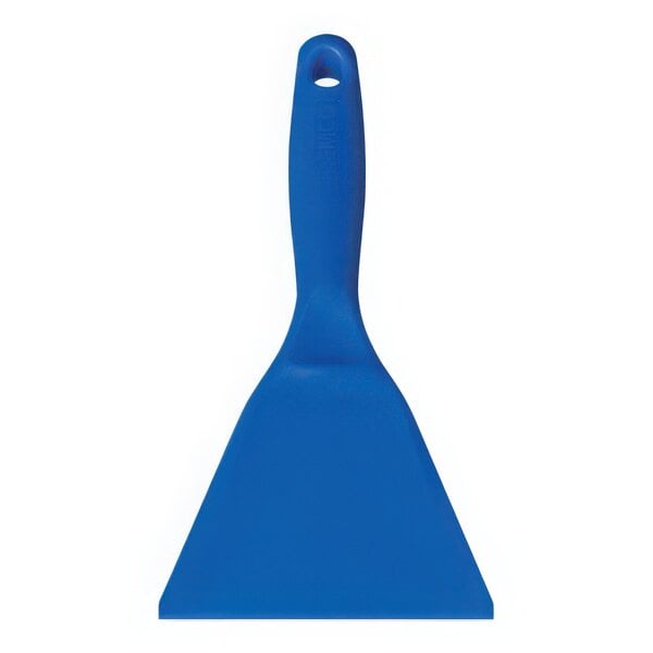 A close-up of a blue Vikan hand scraper with a handle.