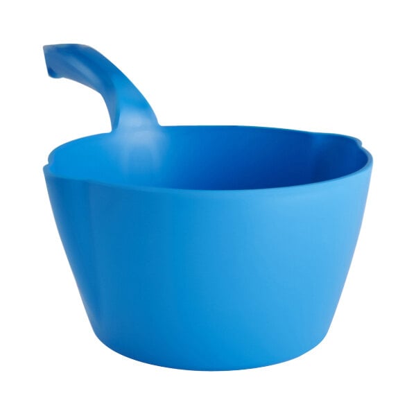 A blue plastic round scoop with a handle.