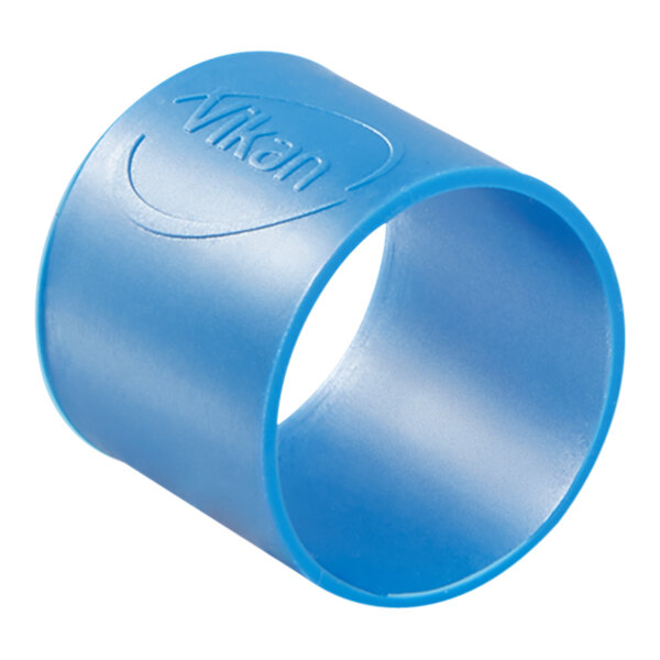 A close-up of a blue Vikan rubber band with a logo on it.