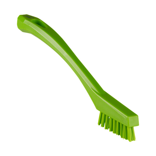 A close up of a Vikan lime green detail brush with a handle.
