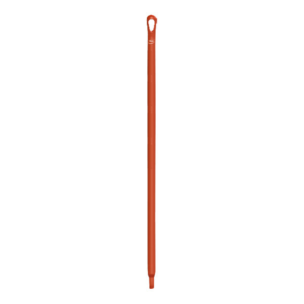 A red plastic Vikan Ultra-Hygienic broom handle with a hole in the end.