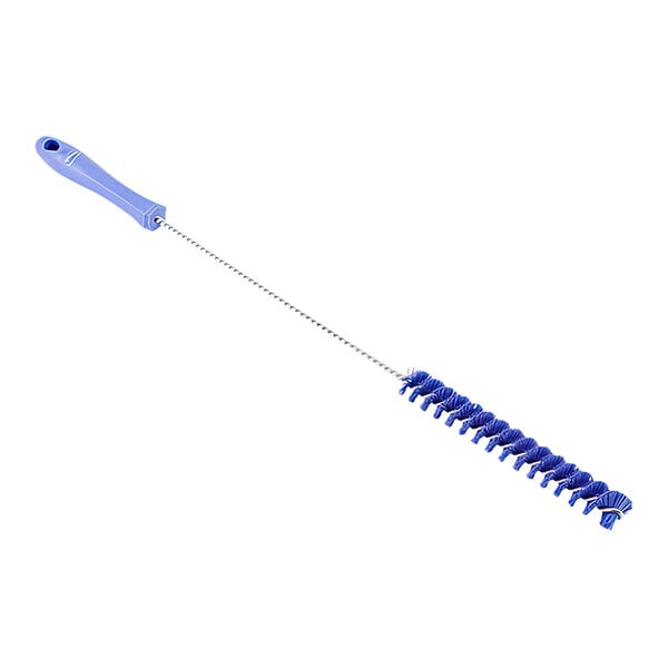 A purple plastic brush with a long handle.