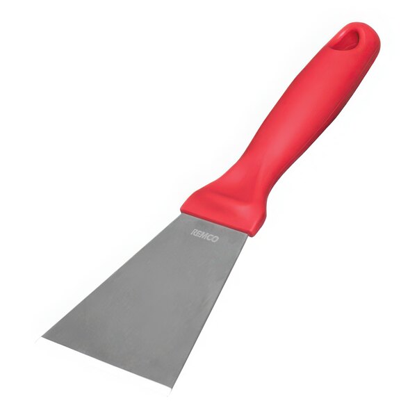 A Vikan stainless steel scraper with a red handle.