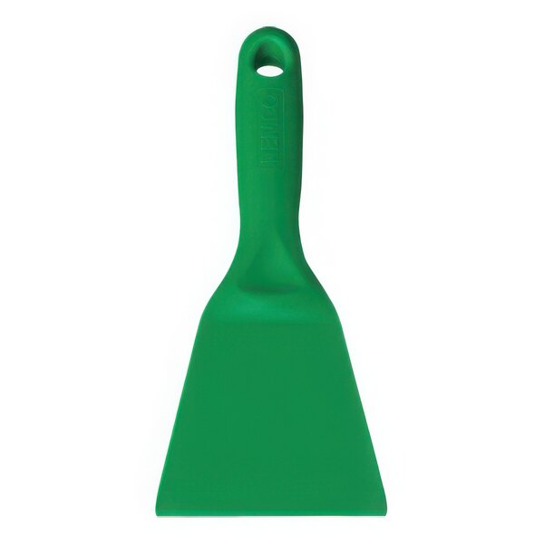 A green plastic Vikan hand scraper with a handle.