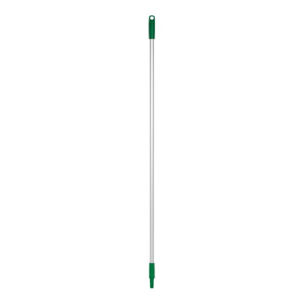 A green and white threaded aluminum Vikan broom handle.