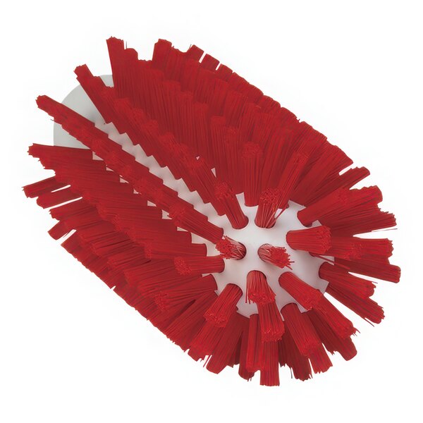 A Vikan red tube brush head with white bristles.