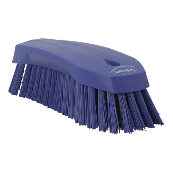 An 8" purple Vikan scrub brush with stiff bristles.