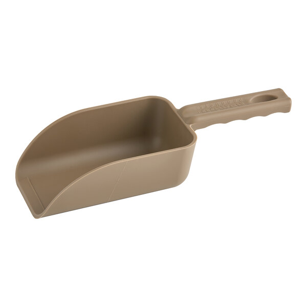 A brown plastic Vikan hand scoop with a handle.