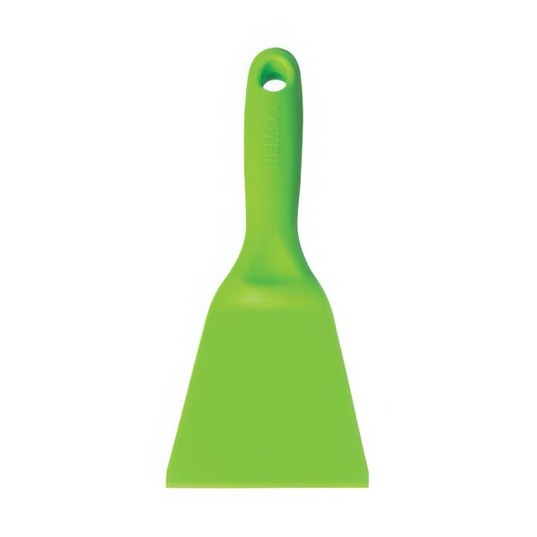 A green plastic Vikan hand scraper with a handle.