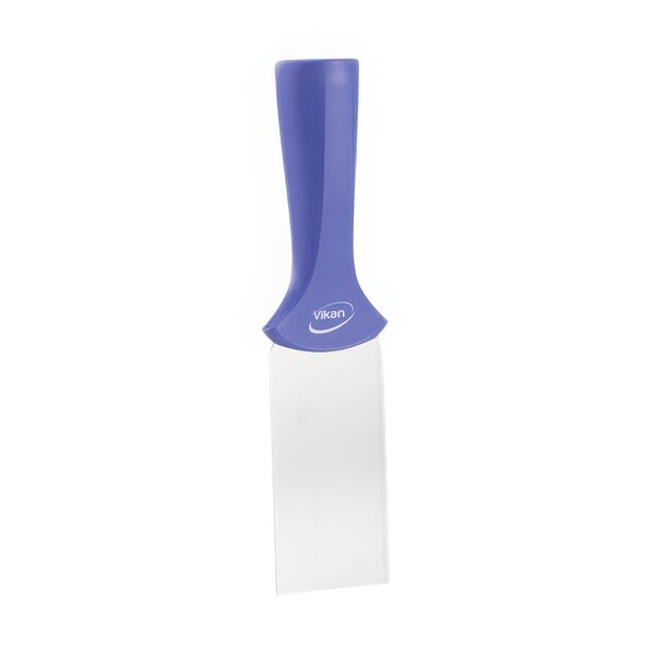 A Vikan stainless steel scraper with a purple handle.
