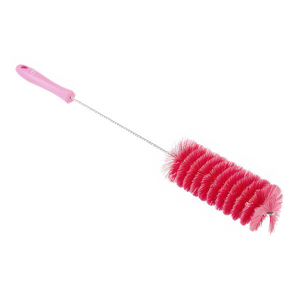 A pink tube brush with a long handle.