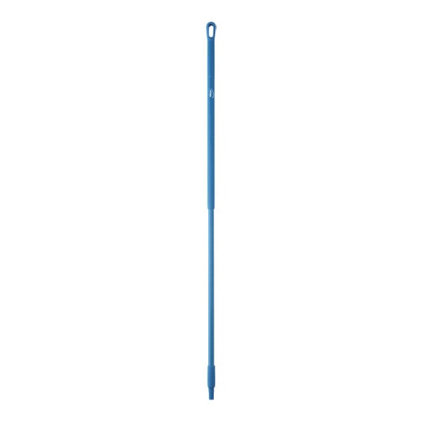 A blue threaded fiberglass broom handle.