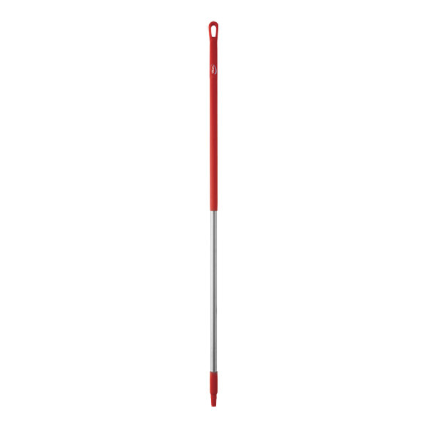 A red and silver Vikan stainless steel broom handle with red threading.