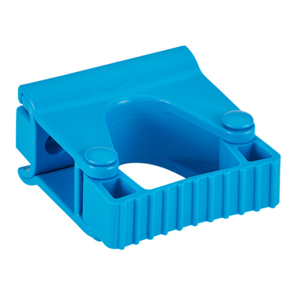 A blue plastic Vikan wall bracket with holes.