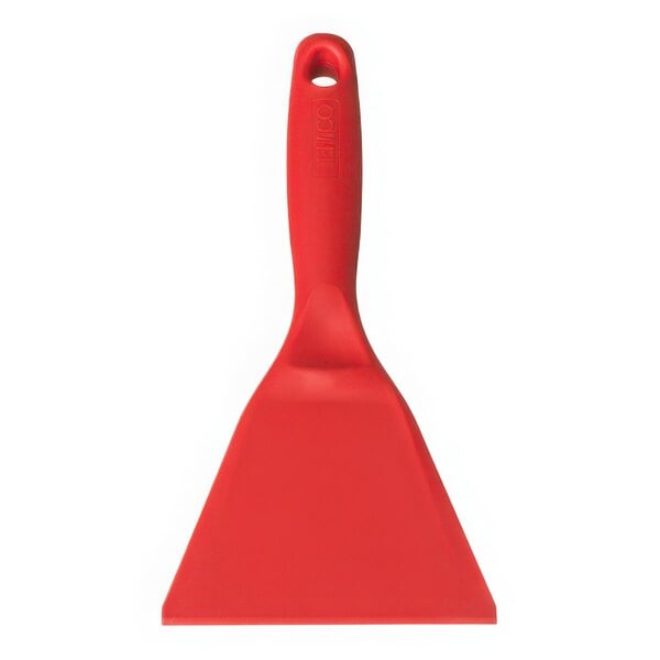 A close up of a red Vikan hand scraper with a handle.