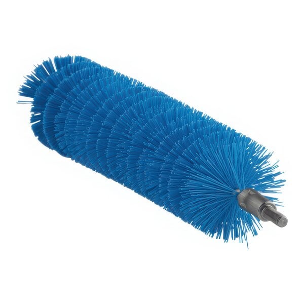 A blue round Vikan tube brush head with long bristles.