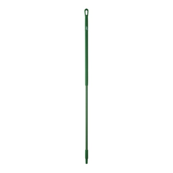 A green threaded fiberglass broom handle.