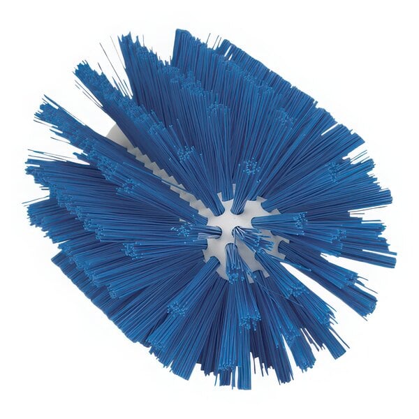 A blue Vikan tube brush head with stiff blue bristles.