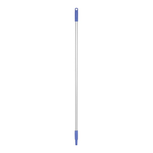 A long silver and purple threaded aluminum handle.