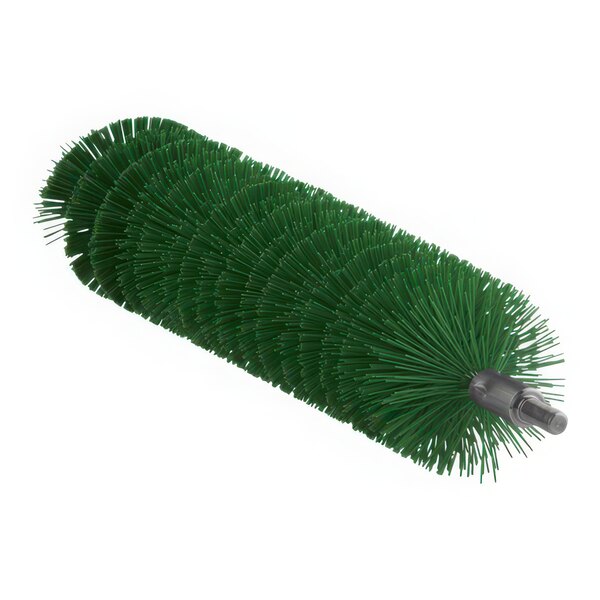 A Vikan green tube brush head with long, thin green bristles.