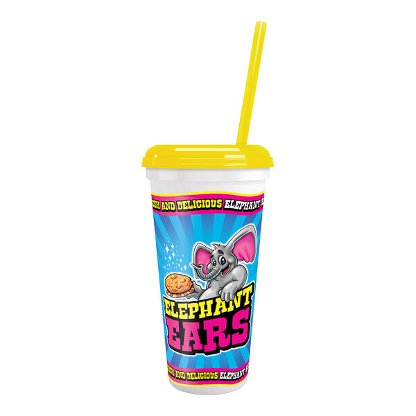 A white plastic cup with a cartoon elephant and a straw.