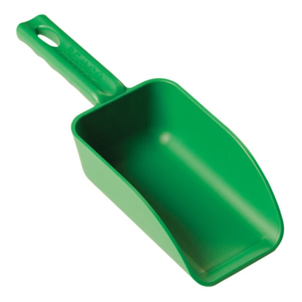 A green Remco polypropylene hand scoop.