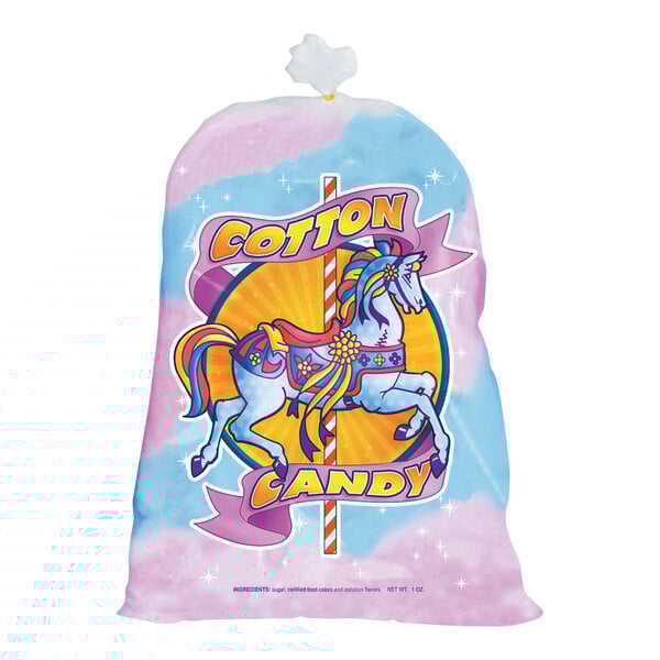 A white cotton candy bag with a carousel horse design.