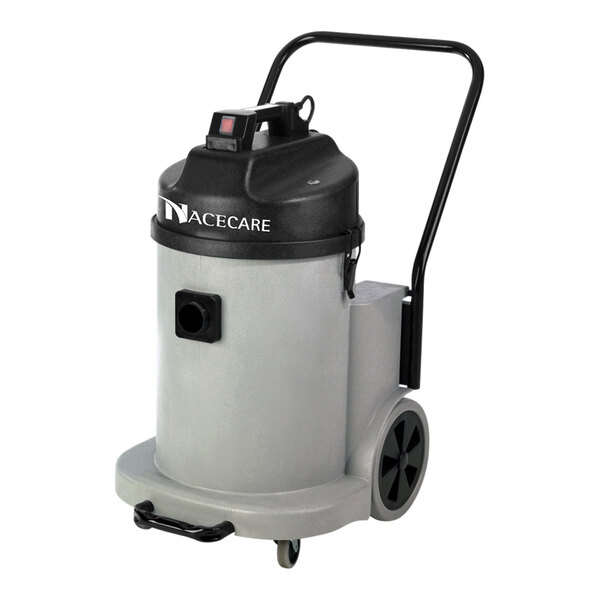 A grey and black NaceCare Solutions hazardous and fine dust canister vacuum with wheels.