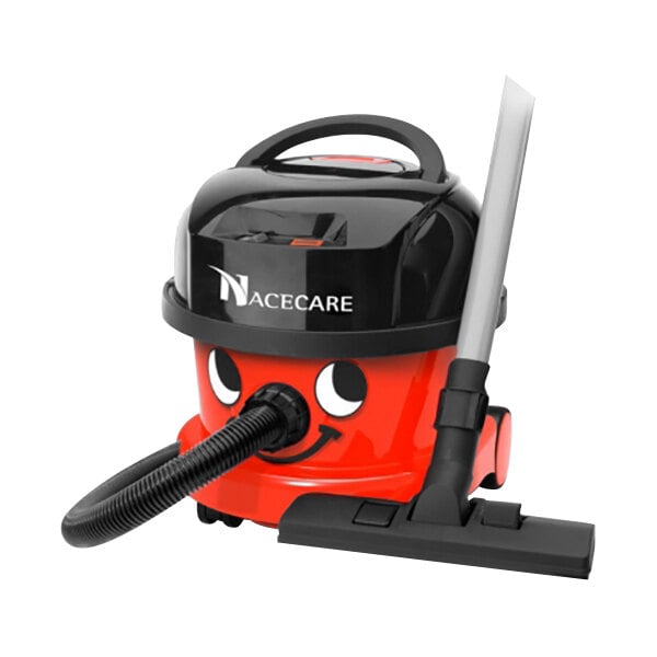 A red and black NaceCare Solutions Latitude 2.5 gallon cordless vacuum cleaner with a red handle.